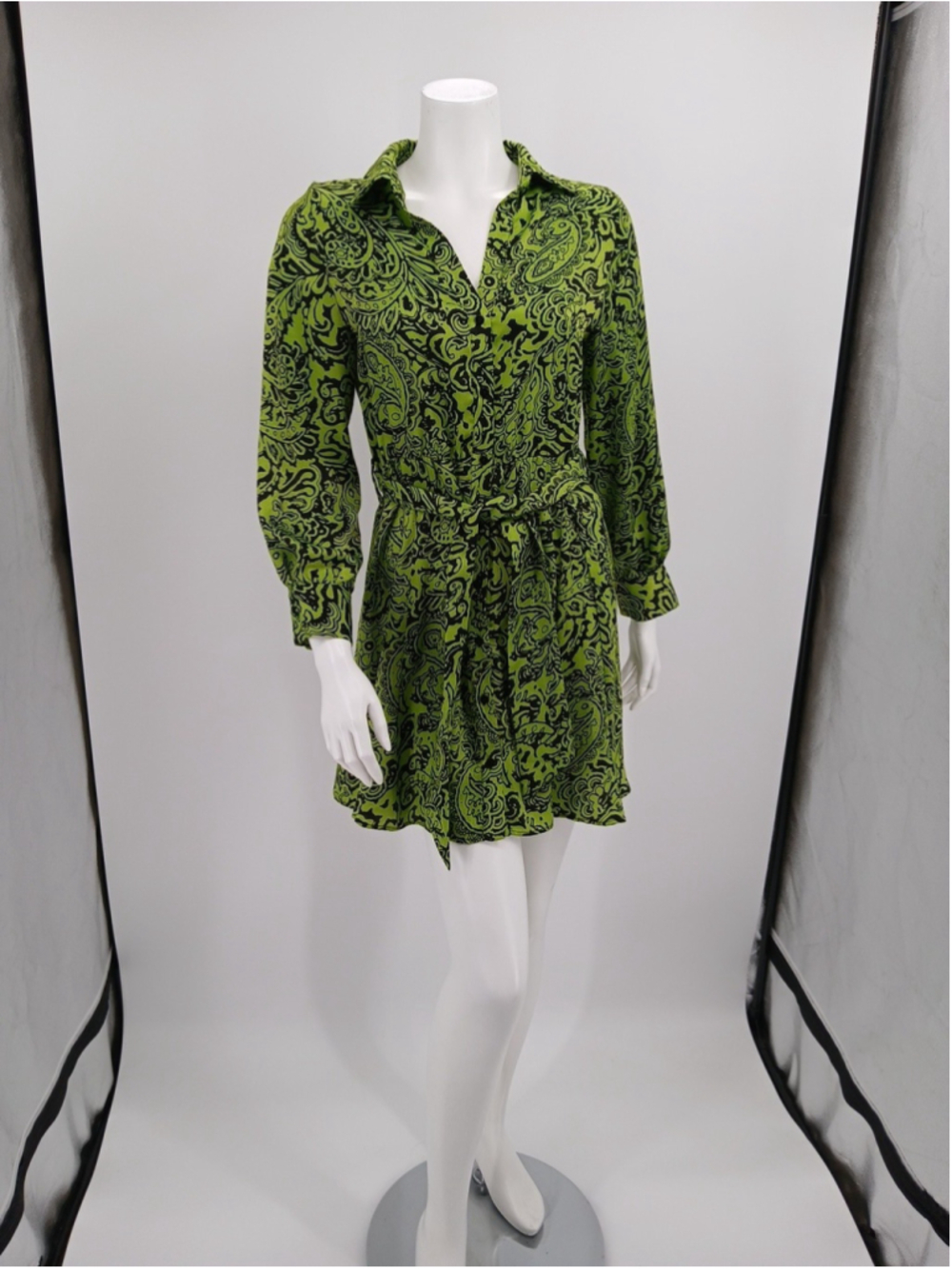 ZARA Green Paisley Mini Satin Shirt Dress Size S Collar Sash Brunch Travel
